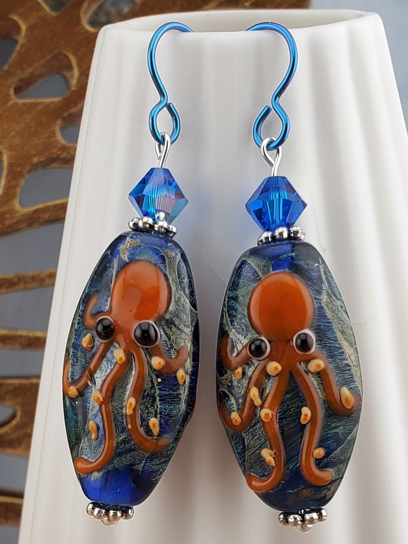 The Kraken Artisan Glass Earrings, Lampwork Glass Bead by a talented artisan, Niobium Earring Wire