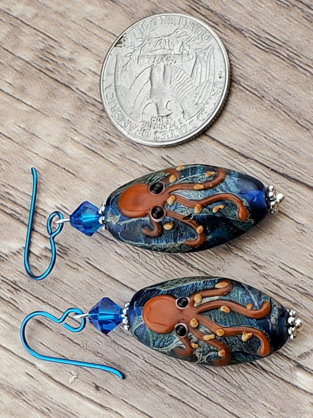 The Kraken Artisan Glass Earrings, Lampwork Glass Bead by a talented artisan, Niobium Earring Wire