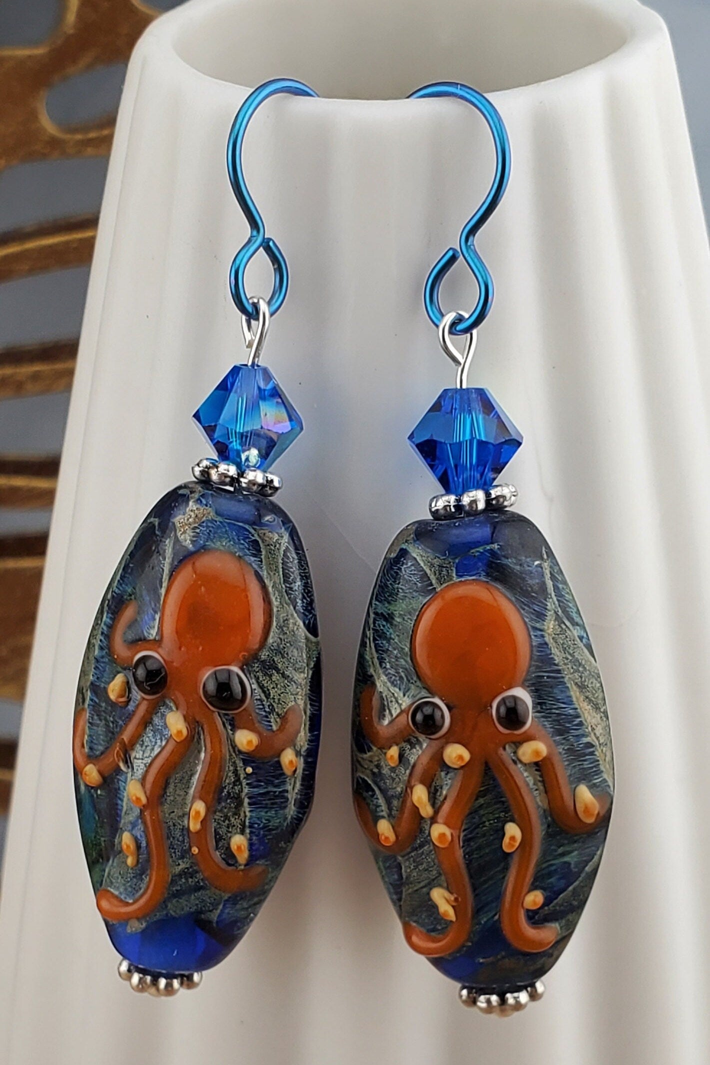 The Kraken Artisan Glass Earrings, Lampwork Glass Bead by a talented artisan, Niobium Earring Wire