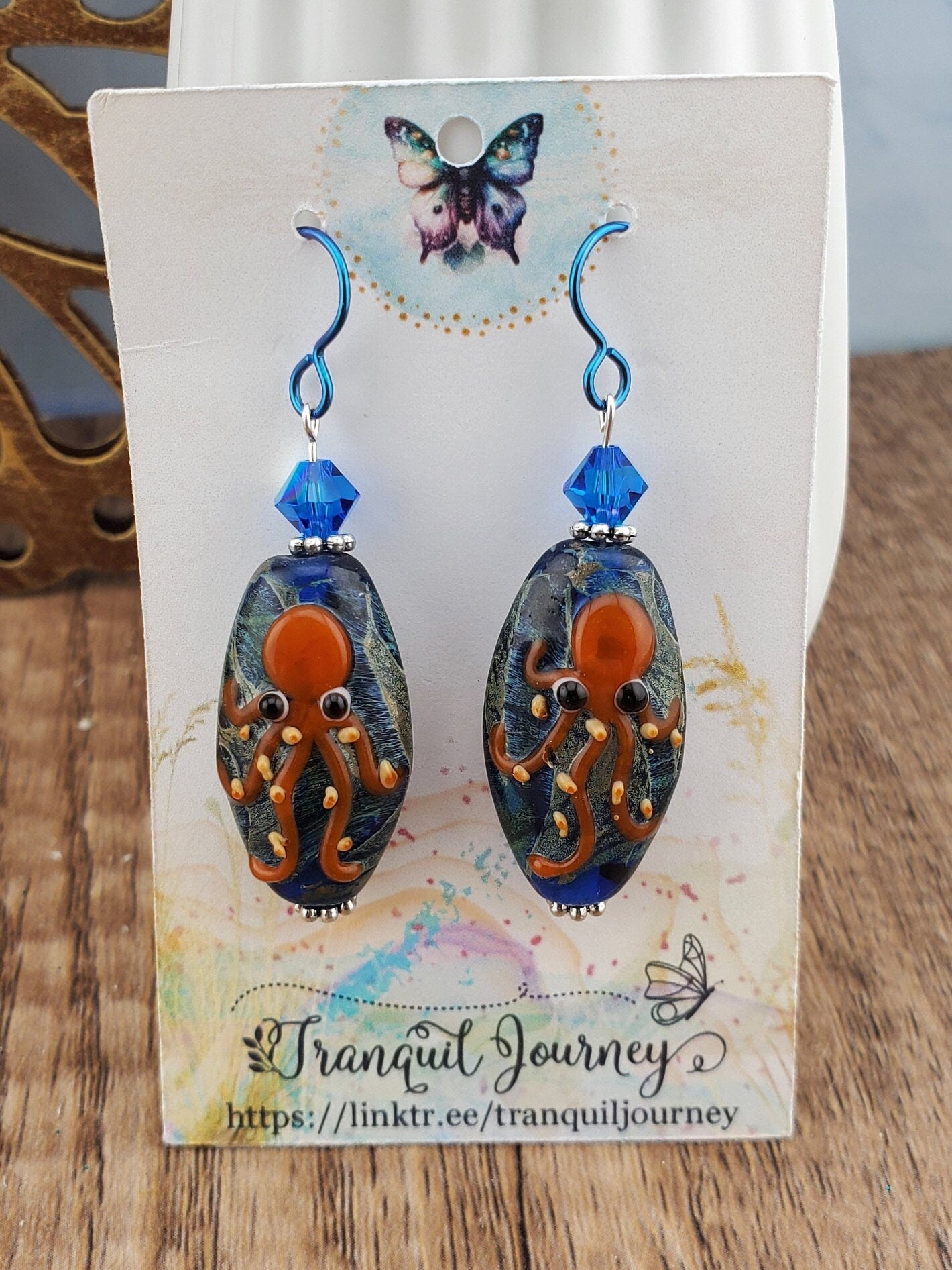 The Kraken Artisan Glass Earrings, Lampwork Glass Bead by a talented artisan, Niobium Earring Wire