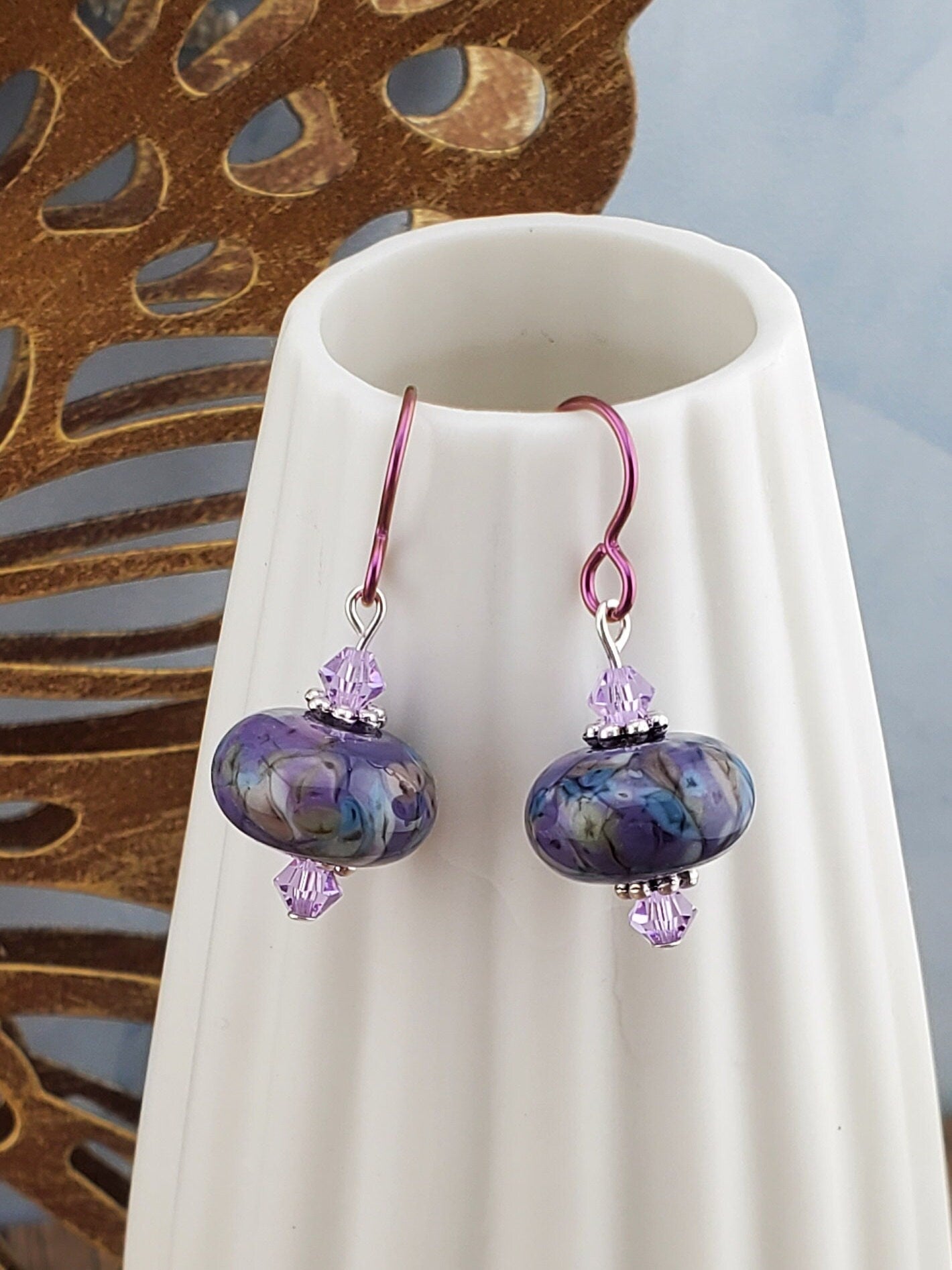 Purple Royalty Artisan Glass Earrings, Lampwork Glass Bead by a talented artisan, Niobium Earring Wire