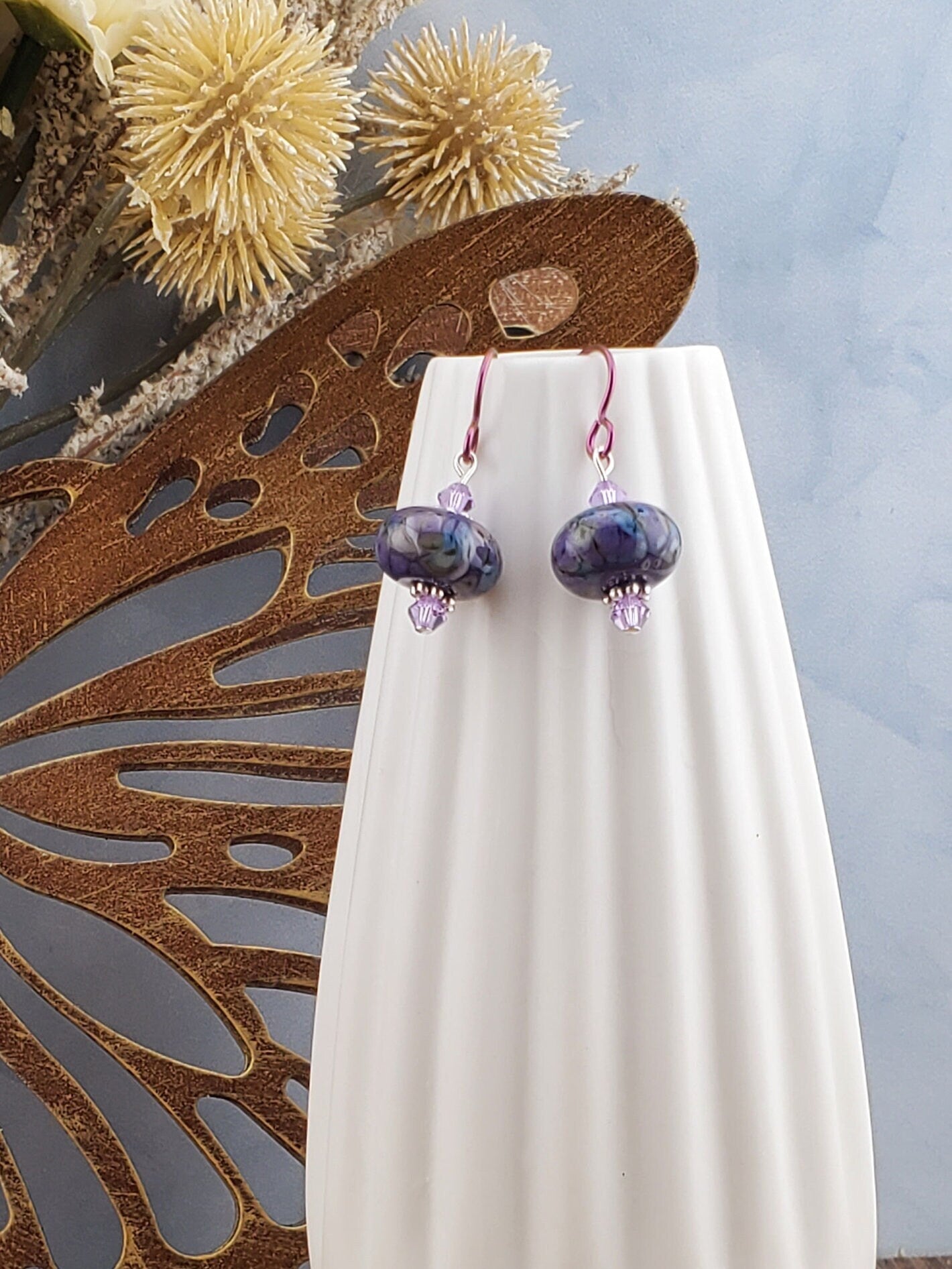 Purple Royalty Artisan Glass Earrings, Lampwork Glass Bead by a talented artisan, Niobium Earring Wire