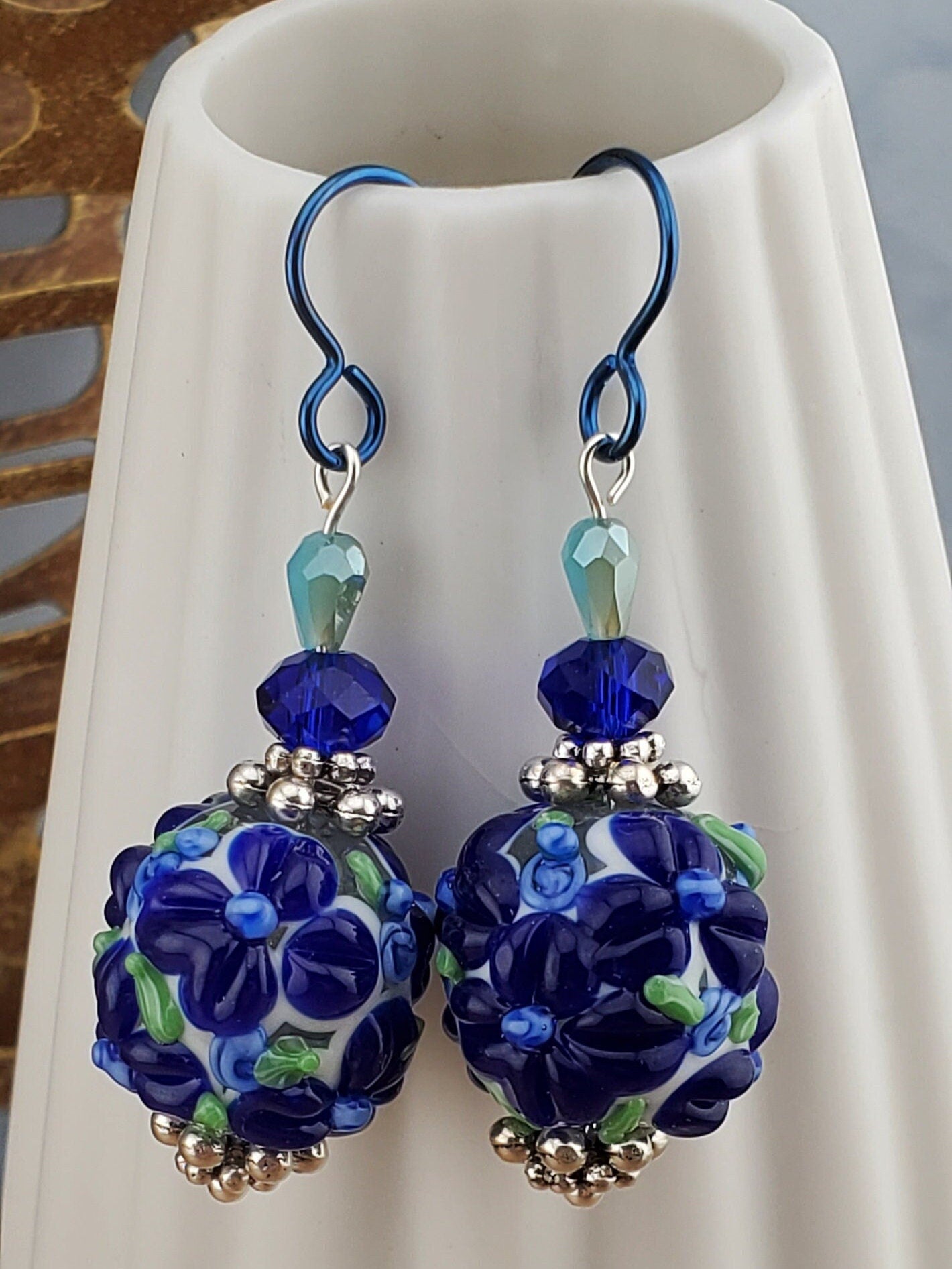 Blooming Drop Flower Artisan Glass Earrings, Lampwork Glass Bead by a talented artisan, Niobium Earring Wire