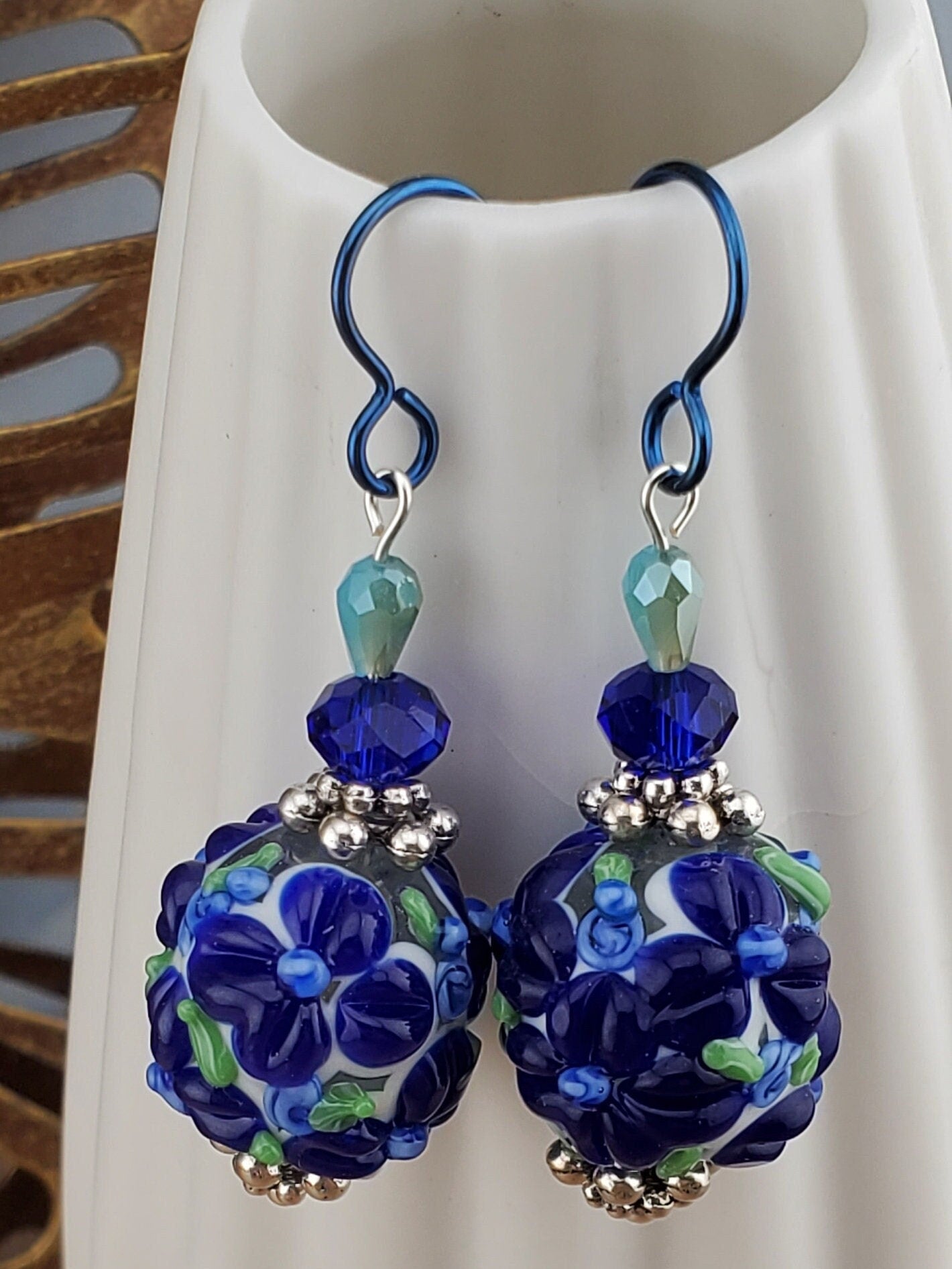 Blooming Drop Flower Artisan Glass Earrings, Lampwork Glass Bead by a talented artisan, Niobium Earring Wire