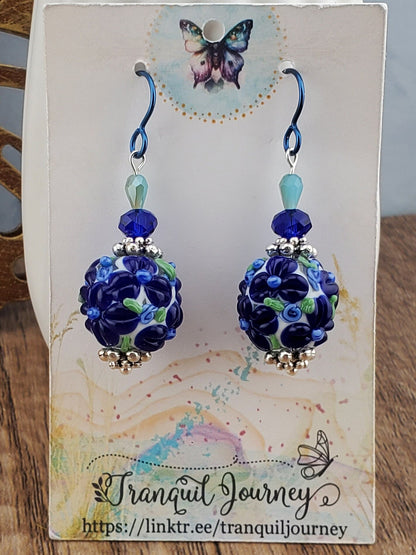 Blooming Drop Flower Artisan Glass Earrings, Lampwork Glass Bead by a talented artisan, Niobium Earring Wire