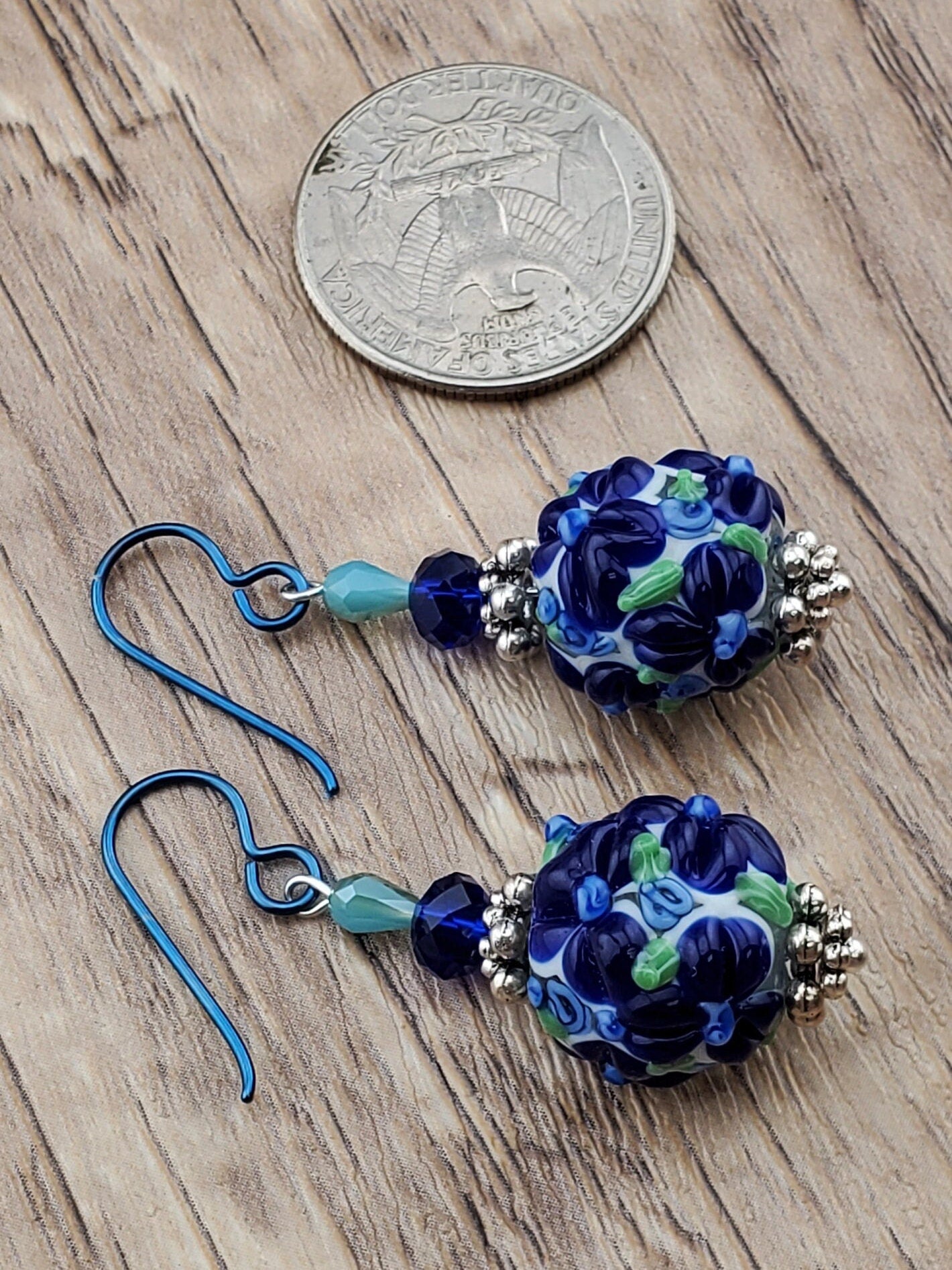 Blooming Drop Flower Artisan Glass Earrings, Lampwork Glass Bead by a talented artisan, Niobium Earring Wire