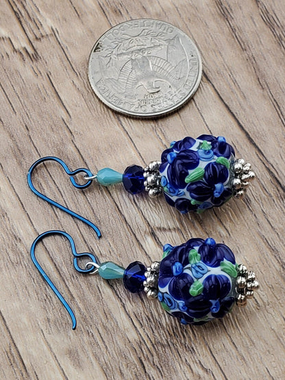 Blooming Drop Flower Artisan Glass Earrings, Lampwork Glass Bead by a talented artisan, Niobium Earring Wire