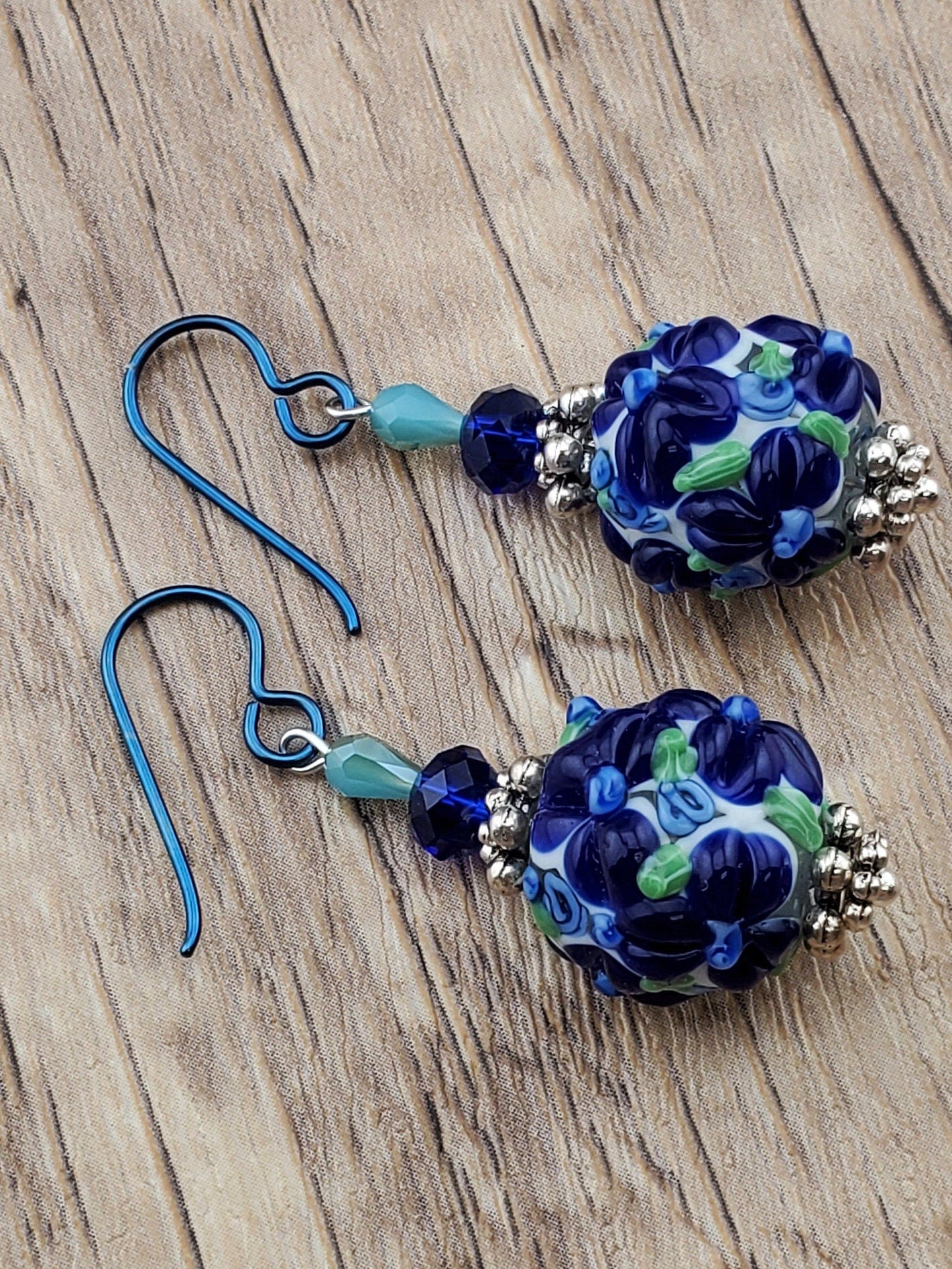 Blooming Drop Flower Artisan Glass Earrings, Lampwork Glass Bead by a talented artisan, Niobium Earring Wire