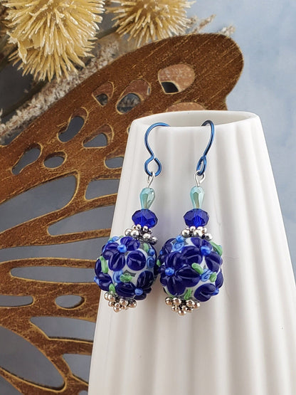 Blooming Drop Flower Artisan Glass Earrings, Lampwork Glass Bead by a talented artisan, Niobium Earring Wire