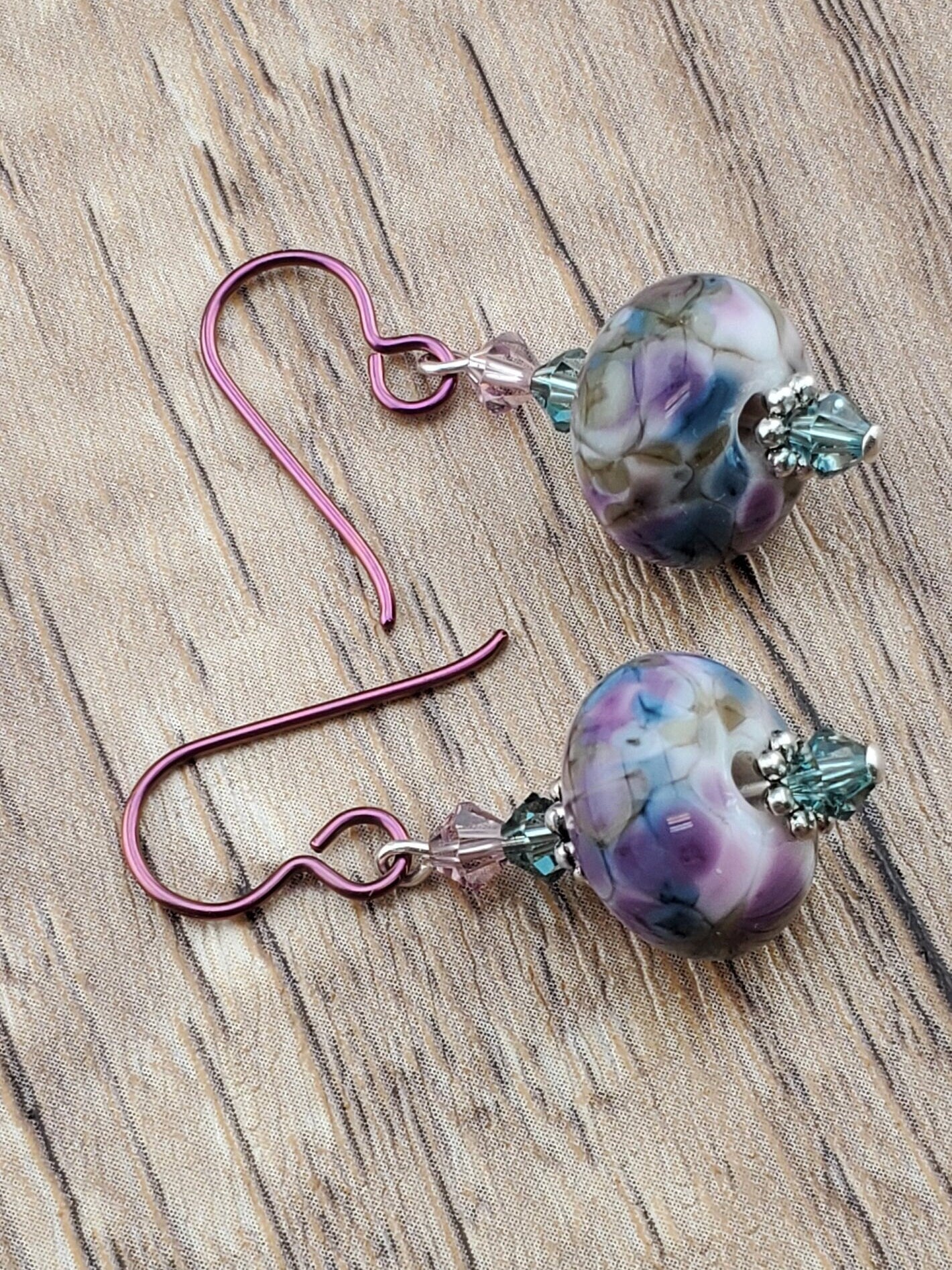 Denim and Bows Artisan Glass Earrings, Lampwork Glass Bead by a talented artisan, Niobium Earring Wire