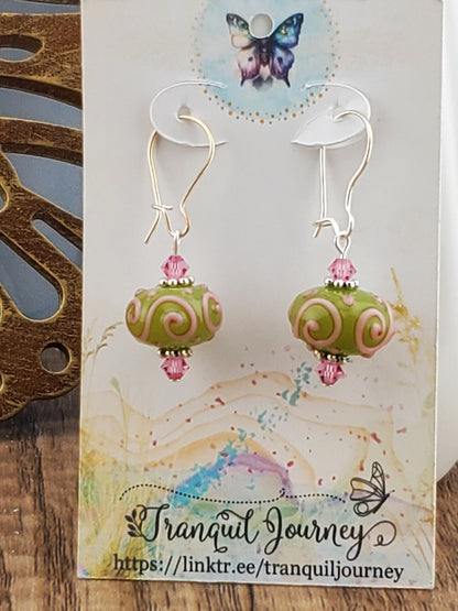 Cheeky Olive Artisan Glass Earrings, Lampwork Glass Bead by a talented artisan, Silver Filled Kidney Earring Wire