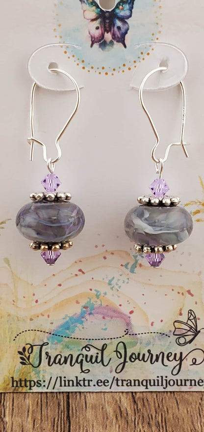 Purple Dreams Artisan Glass Earrings, Lampwork Glass Bead by a talented artisan, Silver Filled Kidney Earring Wire