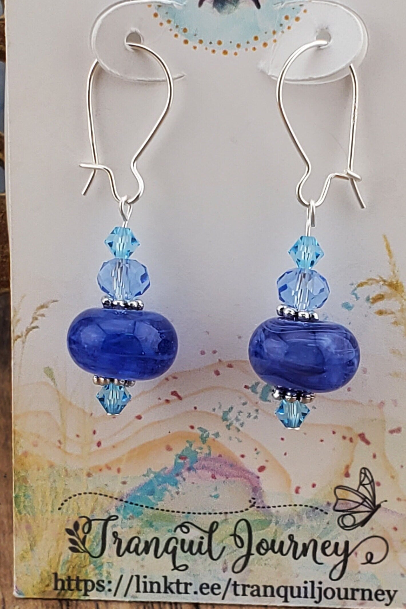 Blustery Blue Artisan Glass Earrings, Lampwork Glass Bead by a talented artisan, Silver Filled Kidney Earring Wire