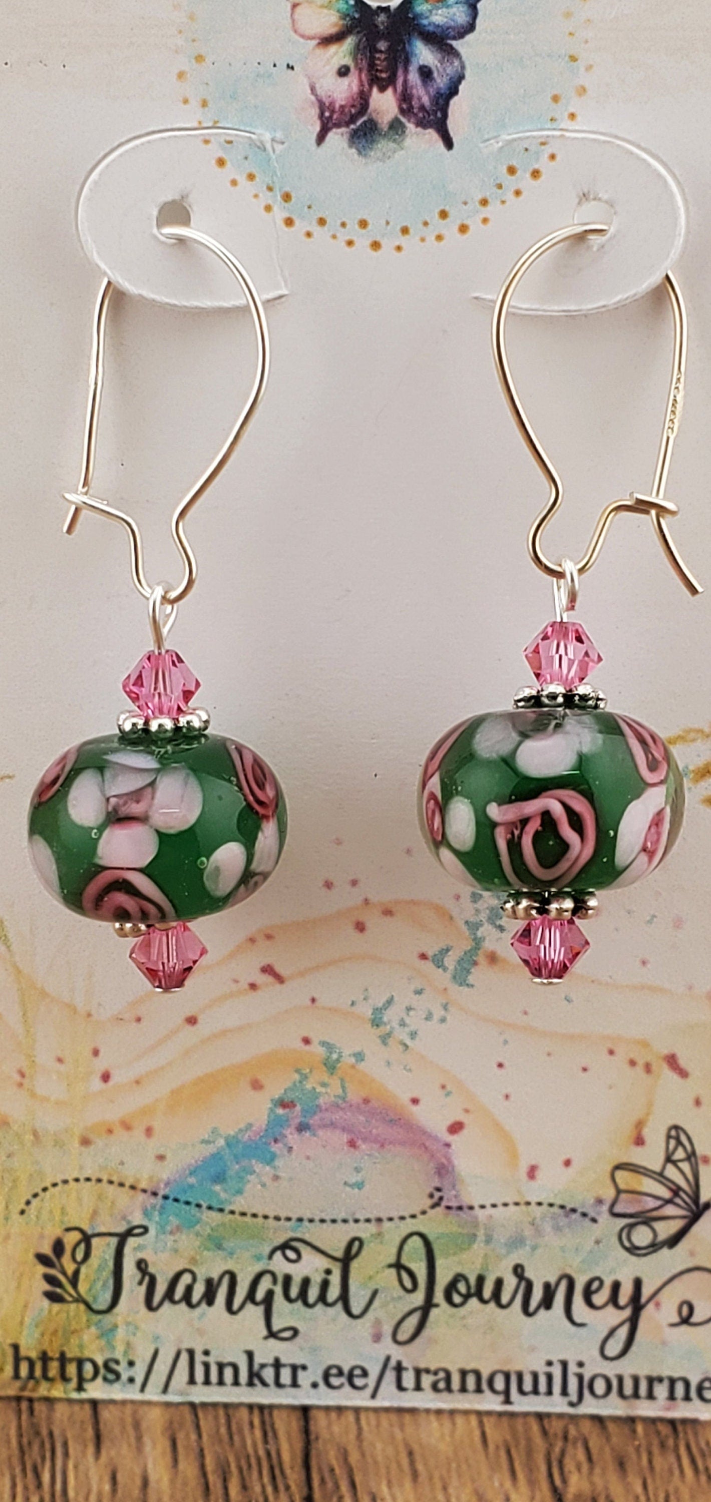 Gardening Queen Artisan Glass Earrings, Lampwork Glass Bead by a talented artisan, Silver Filled Kidney Earring Wire