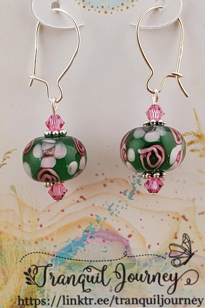 Gardening Queen Artisan Glass Earrings, Lampwork Glass Bead by a talented artisan, Silver Filled Kidney Earring Wire