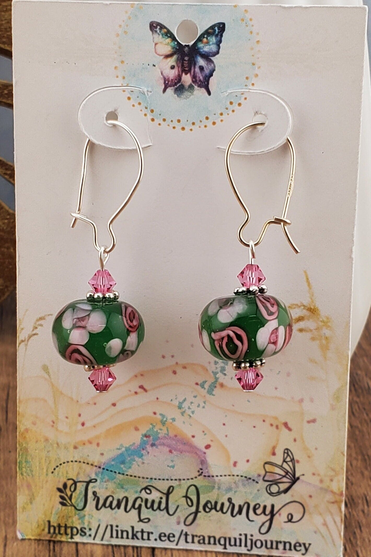 Gardening Queen Artisan Glass Earrings, Lampwork Glass Bead by a talented artisan, Silver Filled Kidney Earring Wire