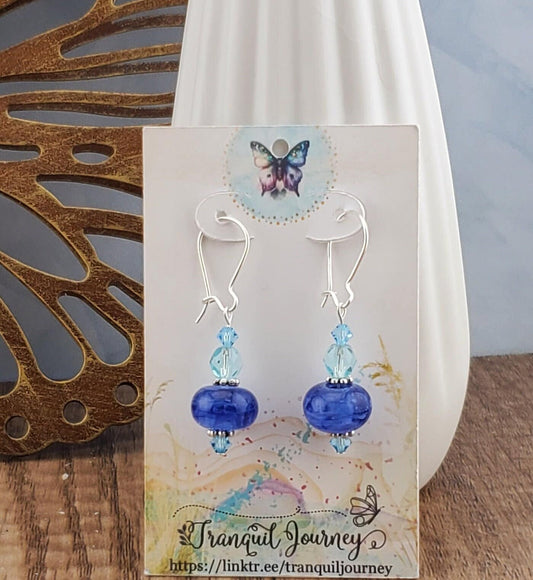 Singing the Blues Artisan Glass Earrings, Lampwork Glass Bead by a talented artisan, Silver Filled Kidney Earring Wire