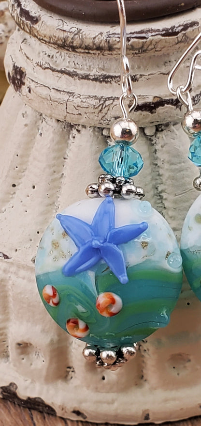 Sea you soon Artisan Glass Earrings, Lampwork Glass Bead handcrafted by a talented artisan, Silver Filled Earring Wire
