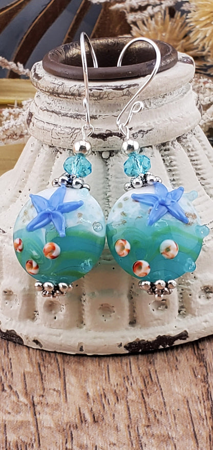 Sea you soon Artisan Glass Earrings, Lampwork Glass Bead handcrafted by a talented artisan, Silver Filled Earring Wire