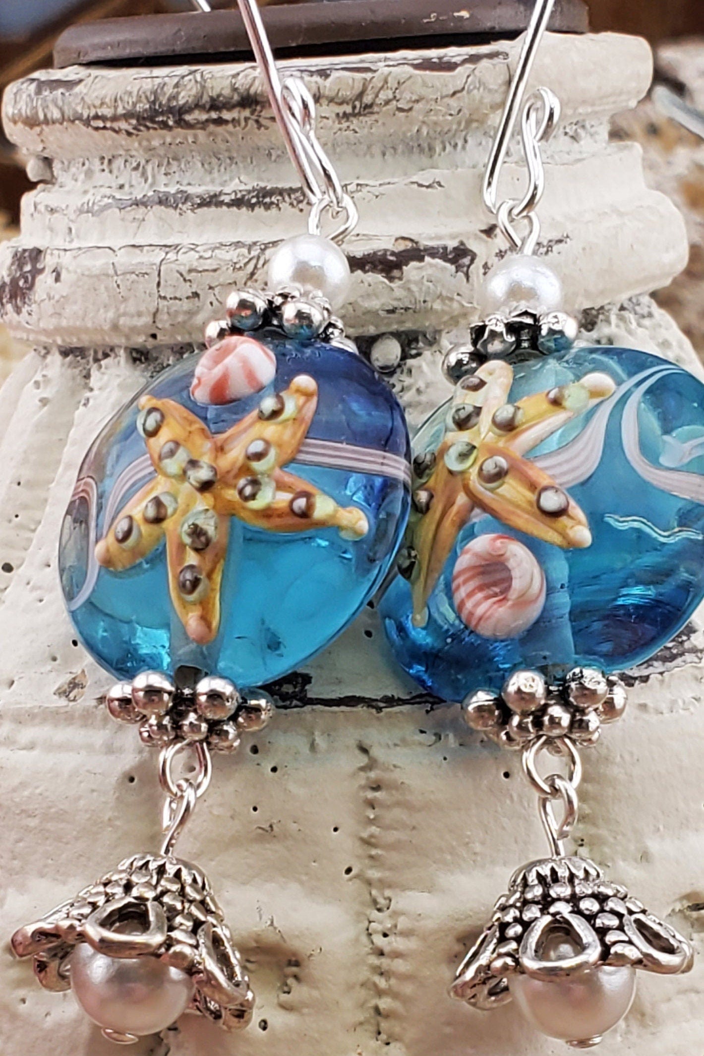 Under the Sea Artisan Glass Earrings, Lampwork Glass Bead handcrafted by a talented artisan, Silver Filled Earring Wire