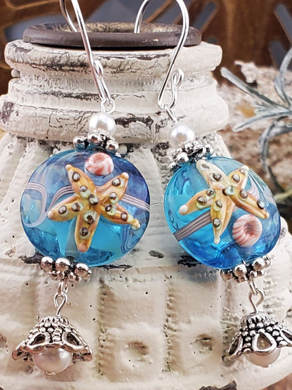 Under the Sea Artisan Glass Earrings, Lampwork Glass Bead handcrafted by a talented artisan, Silver Filled Earring Wire