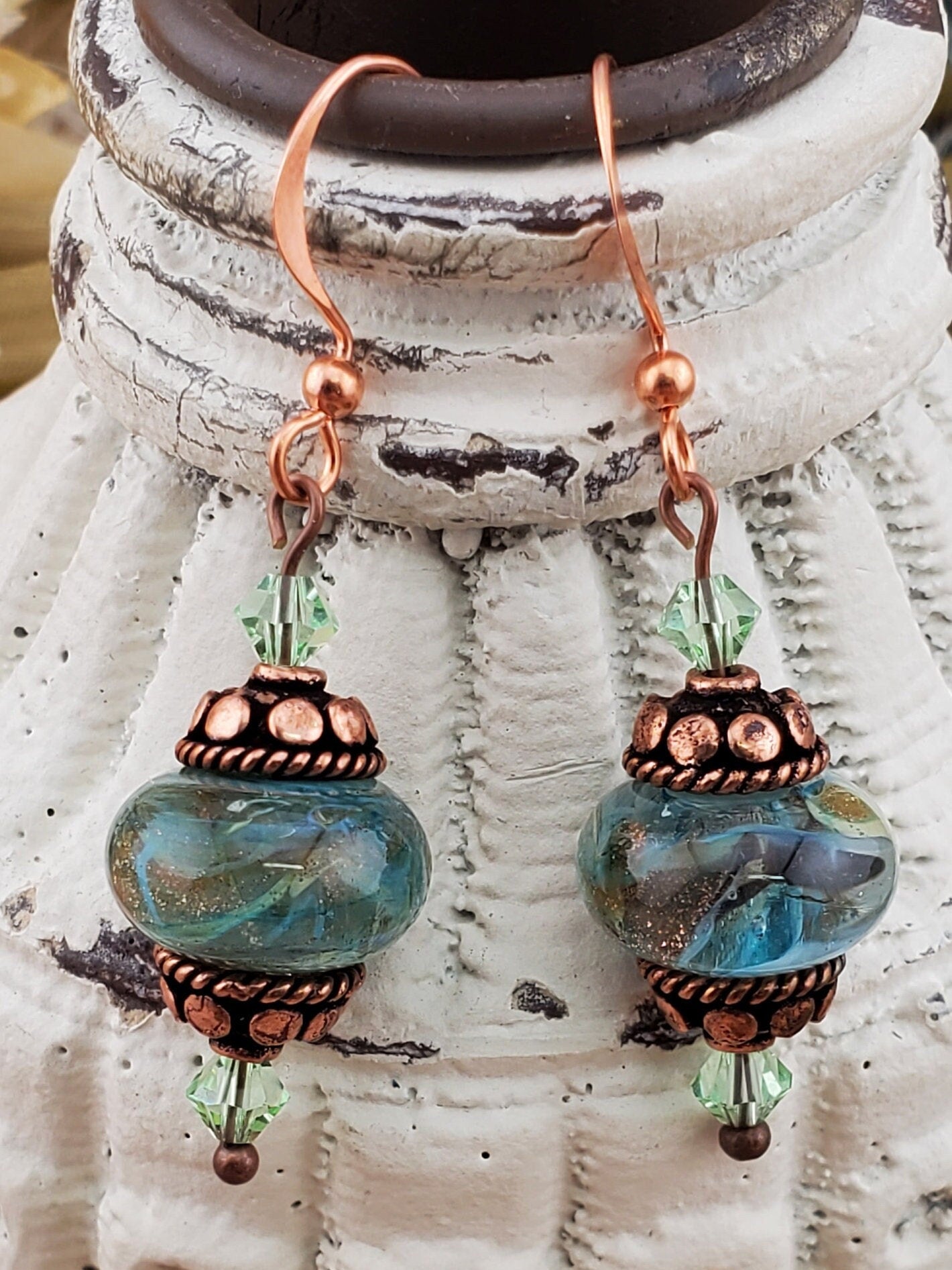 Copper Looking Glass Artisan Glass Earrings, Lampwork Glass Bead handcrafted by a talented artisan, Copper Earring Wire