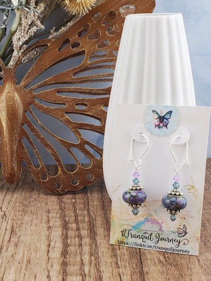 Kaleidoscope Artisan Glass Earrings, Lampwork Glass Bead by a talented artisan, Silver Filled Kidney Earring Wire