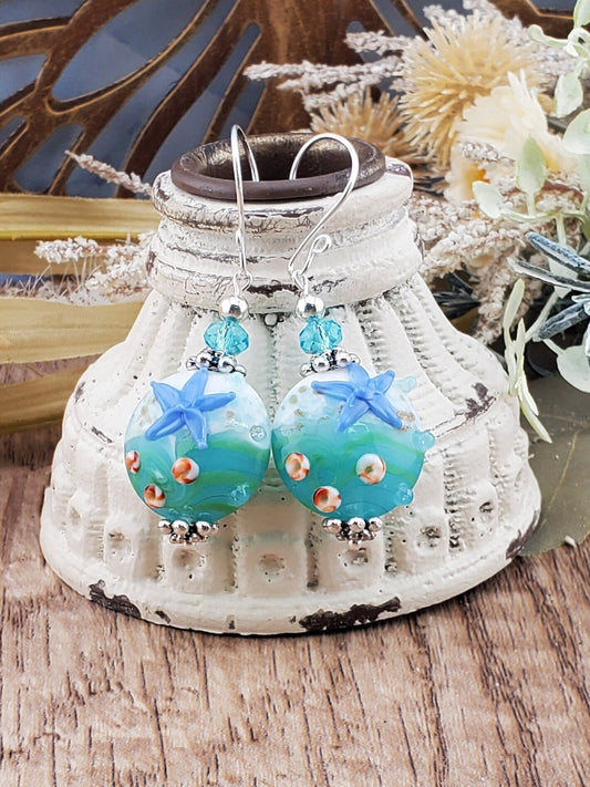 Sea you soon Artisan Glass Earrings, Lampwork Glass Bead handcrafted by a talented artisan, Silver Filled Earring Wire