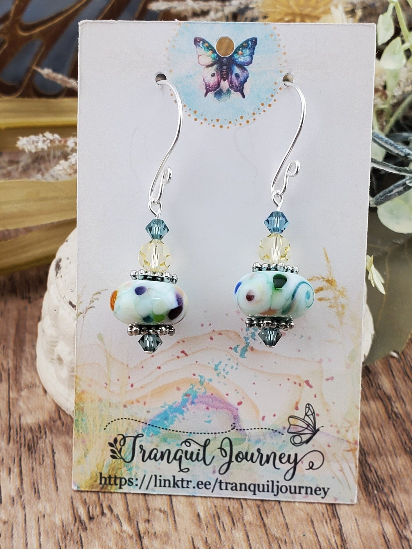 Cue the Confetti Artisan Glass Earrings, Lampwork Glass Bead handcrafted by a talented artisan, Silver Filled Earring Wire