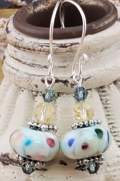 Cue the Confetti Artisan Glass Earrings, Lampwork Glass Bead handcrafted by a talented artisan, Silver Filled Earring Wire