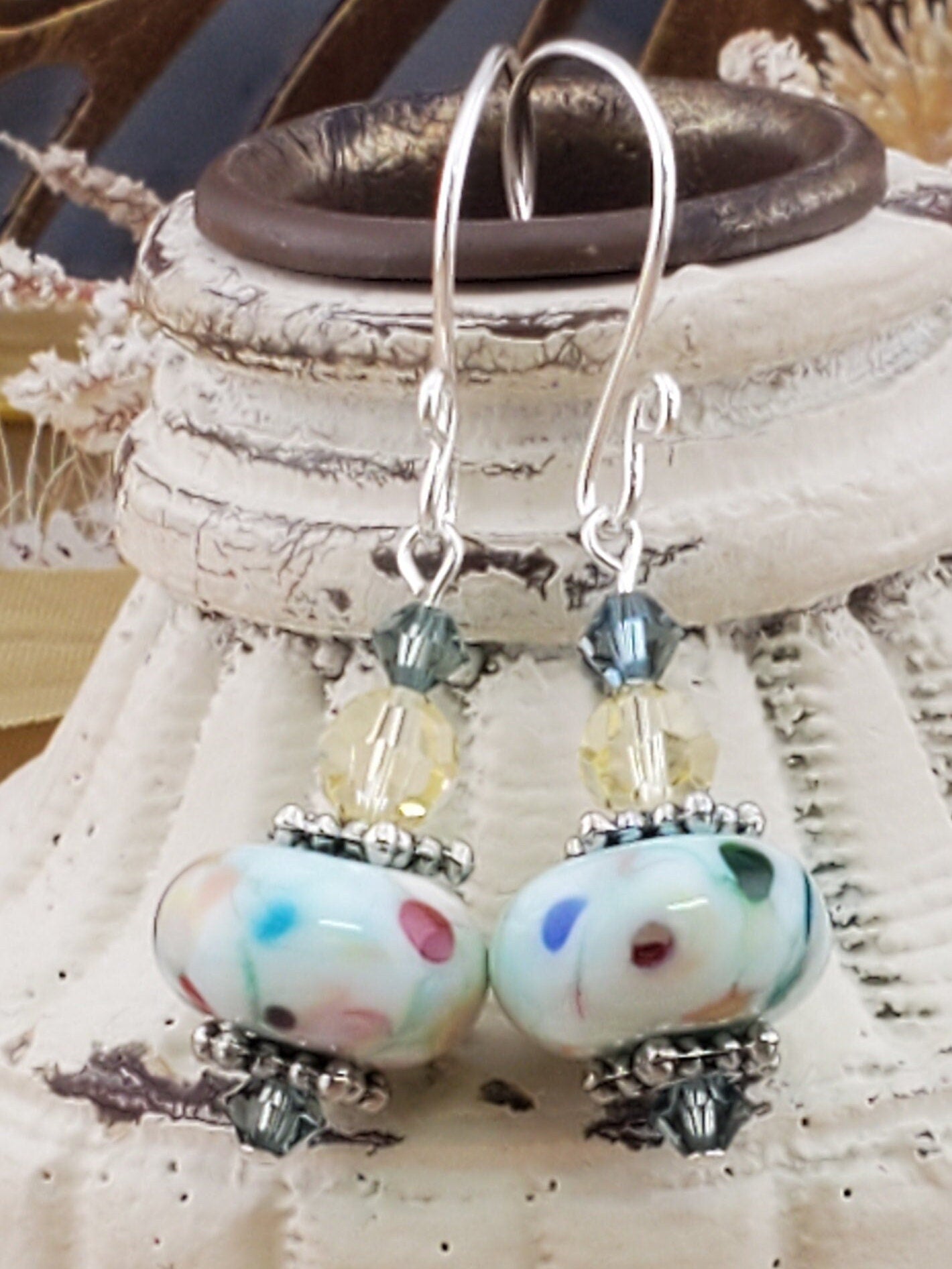 Cue the Confetti Artisan Glass Earrings, Lampwork Glass Bead handcrafted by a talented artisan, Silver Filled Earring Wire