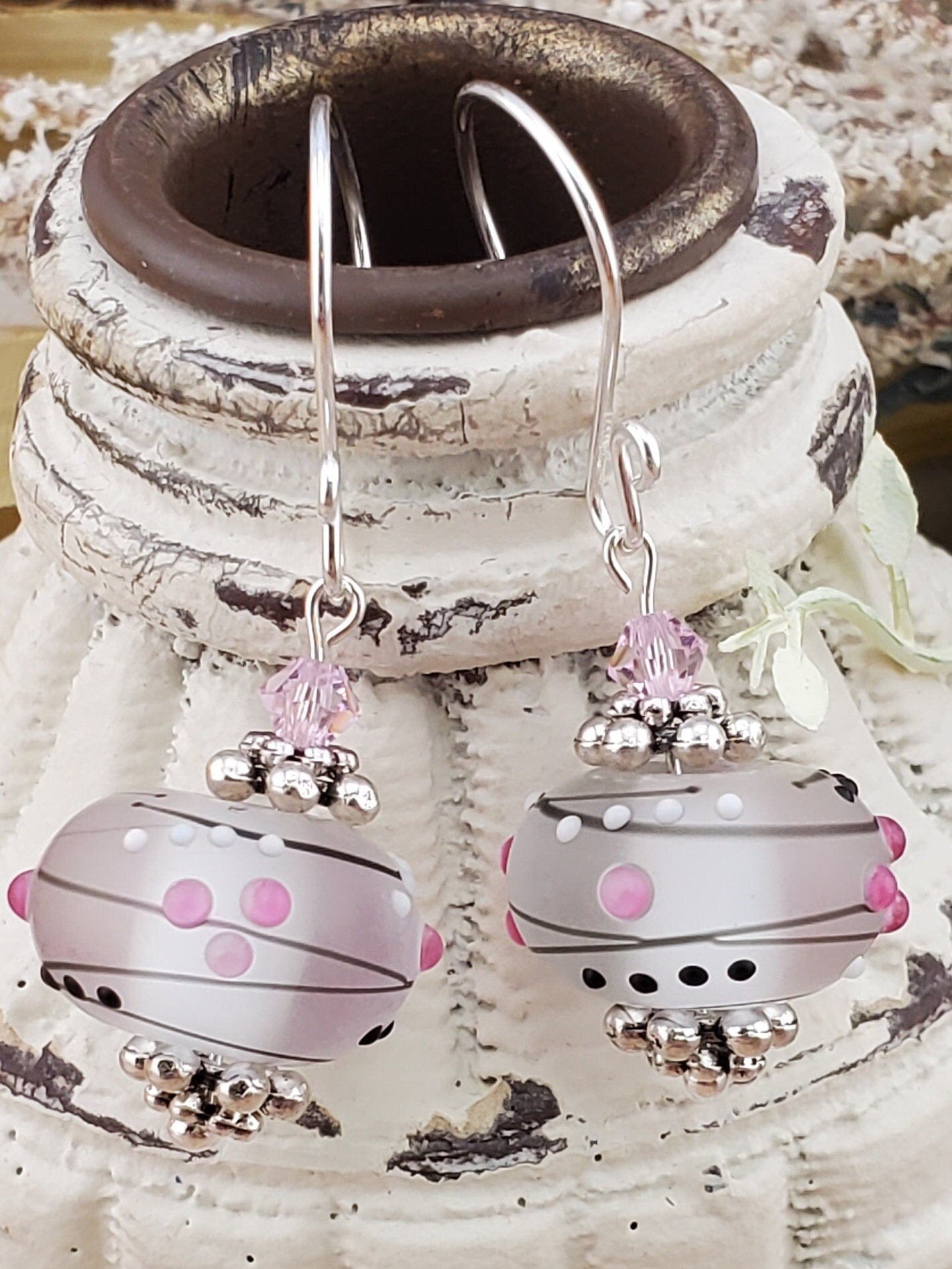 Galaxy Pink Artisan Glass Earrings, Lampwork Glass Bead handcrafted by a talented artisan, Silver Filled Earring Wire