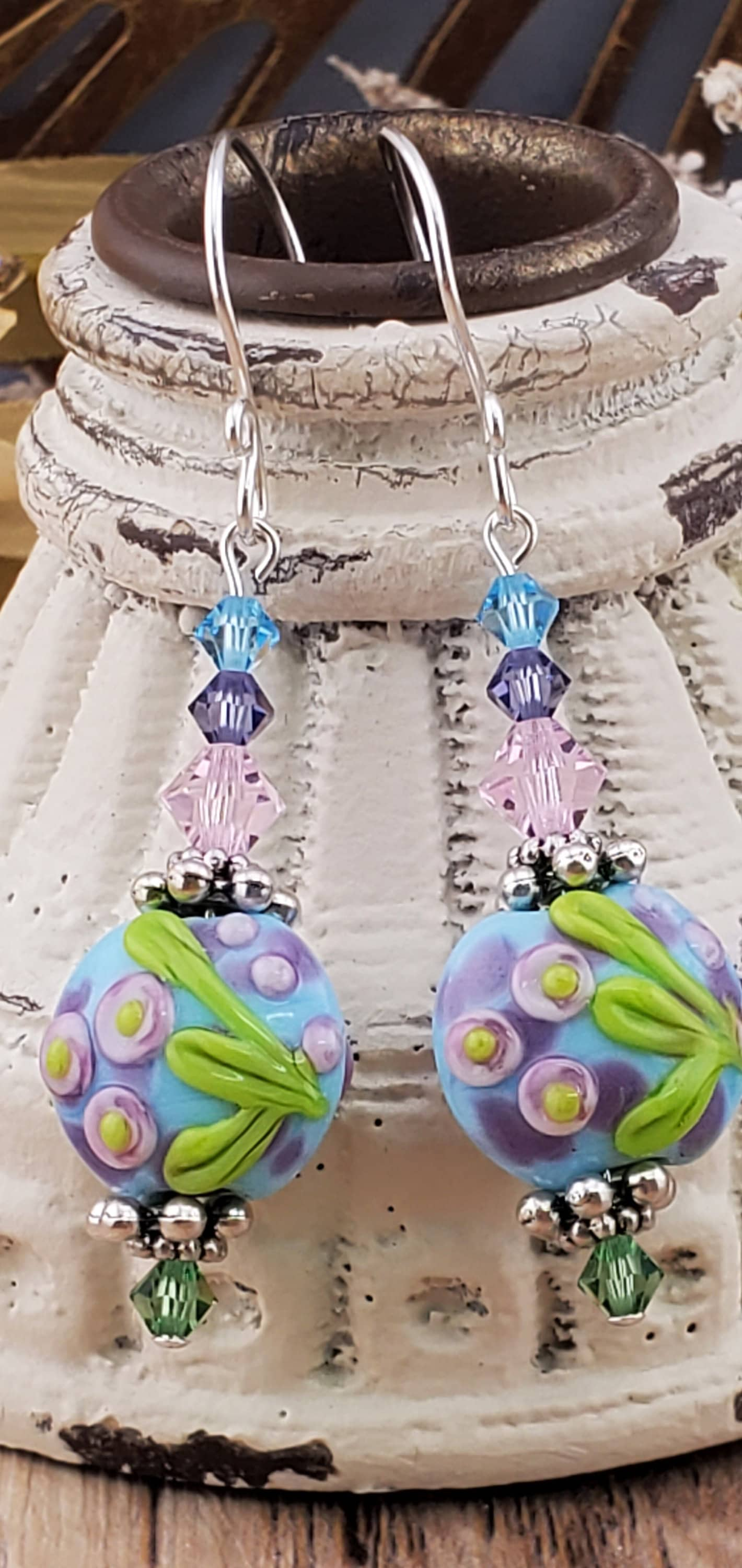 Tiptoe through the Tulips Artisan Glass Earrings, Lampwork Glass Bead handcrafted by a talented artisan, Silver Filled Earring Wire