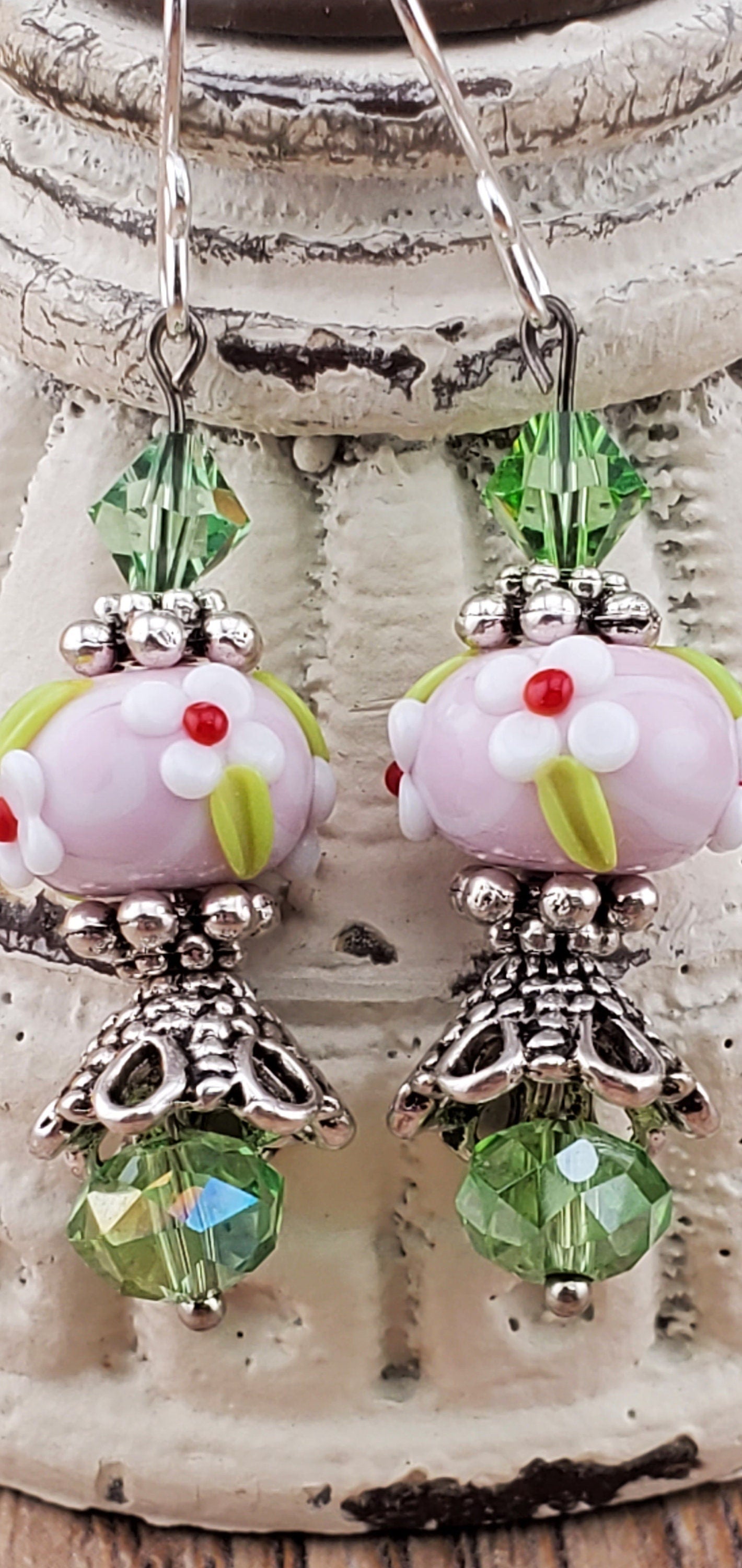 Let Love Bloom Artisan Glass Earrings, Lampwork Glass Bead handcrafted by a talented artisan, Silver Filled Earring Wire