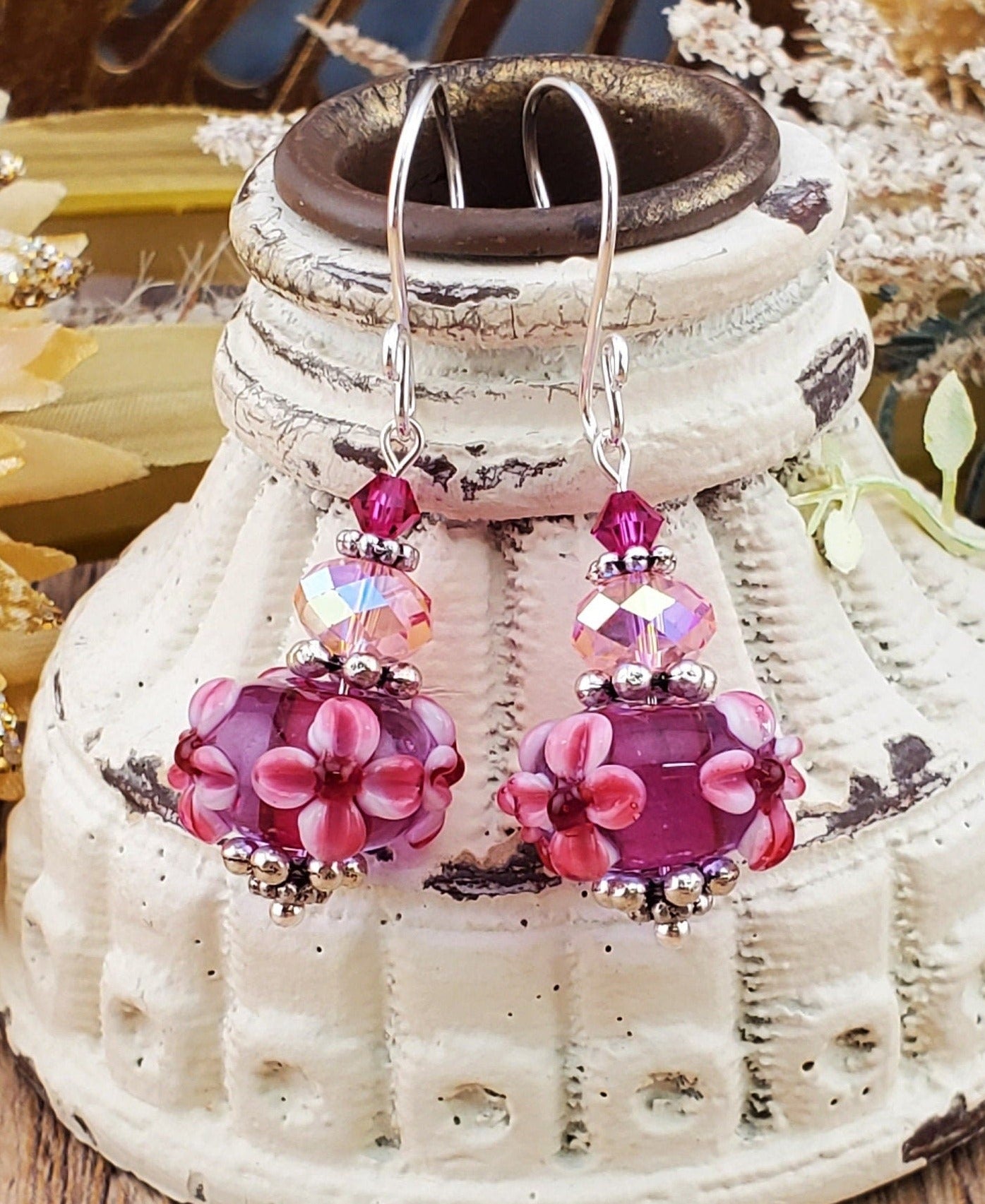 Pink Power Artisan Glass Earrings, Lampwork Glass Bead handcrafted by a talented artisan, Silver Filled Earring Wire