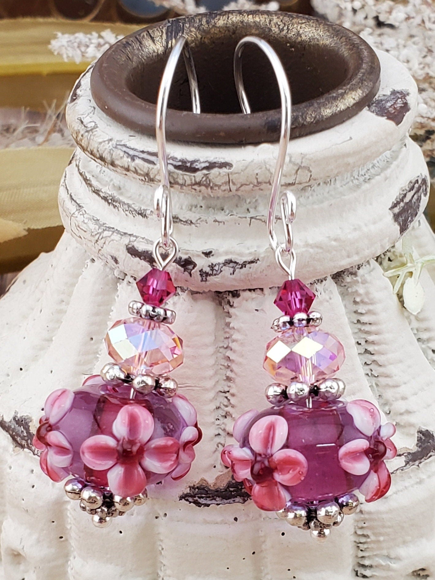 Pink Power Artisan Glass Earrings, Lampwork Glass Bead handcrafted by a talented artisan, Silver Filled Earring Wire