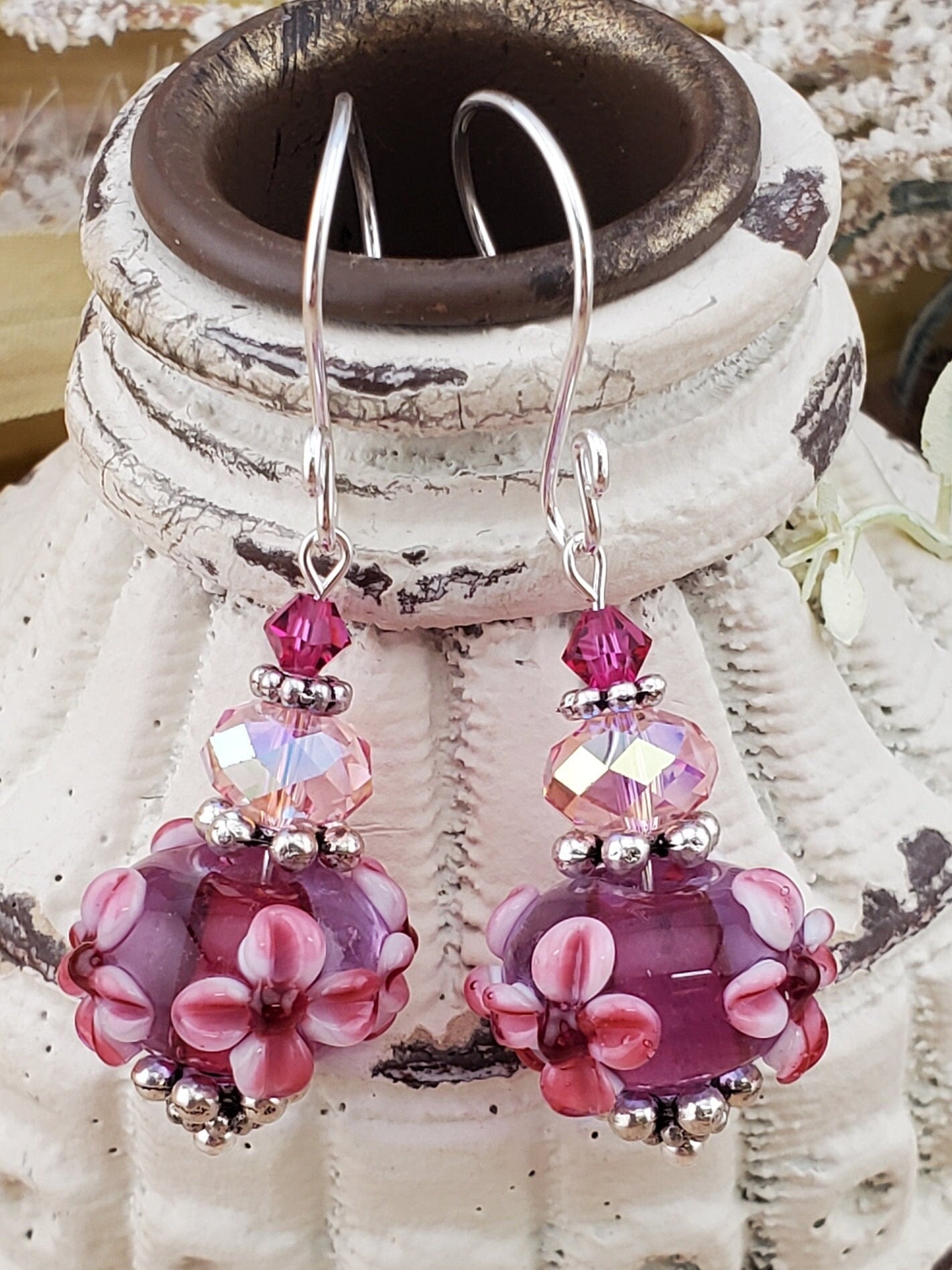 Pink Power Artisan Glass Earrings, Lampwork Glass Bead handcrafted by a talented artisan, Silver Filled Earring Wire