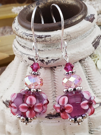 Pink Power Artisan Glass Earrings, Lampwork Glass Bead handcrafted by a talented artisan, Silver Filled Earring Wire