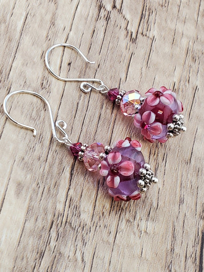 Pink Power Artisan Glass Earrings, Lampwork Glass Bead handcrafted by a talented artisan, Silver Filled Earring Wire