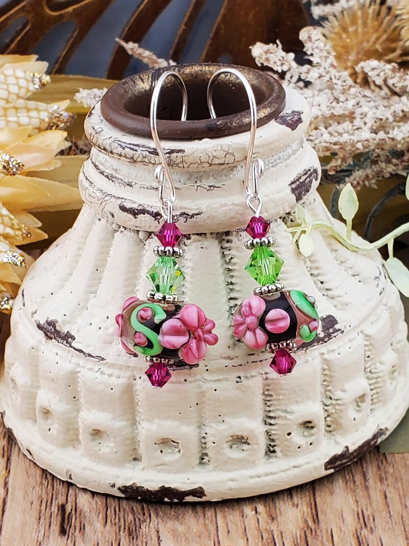 Ohana Artisan Glass Earrings, Lampwork Glass Bead handcrafted by a talented artisan, Silver Filled Earring Wire