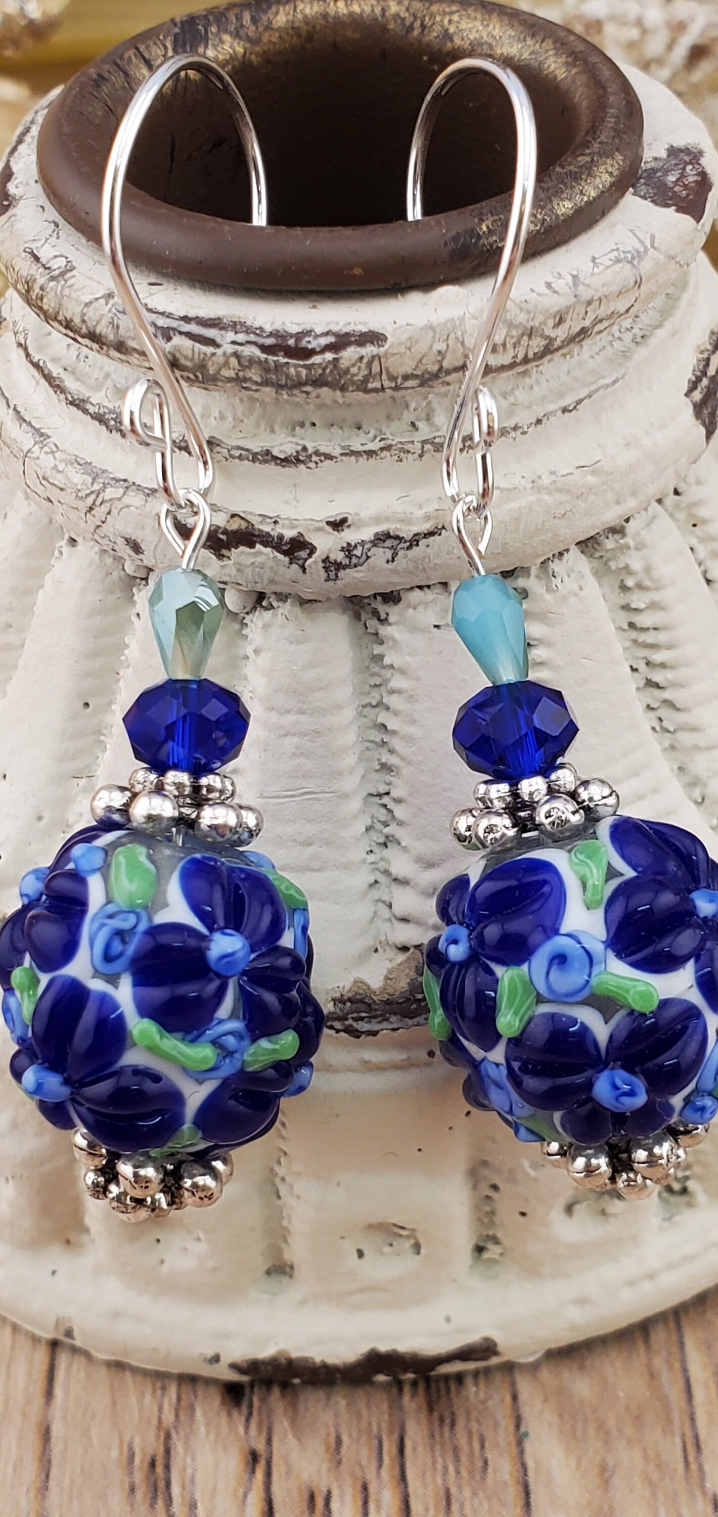 Blue Bonnett Artisan Glass Earrings, Lampwork Glass Bead handcrafted by a talented artisan, Silver Filled Earring Wire