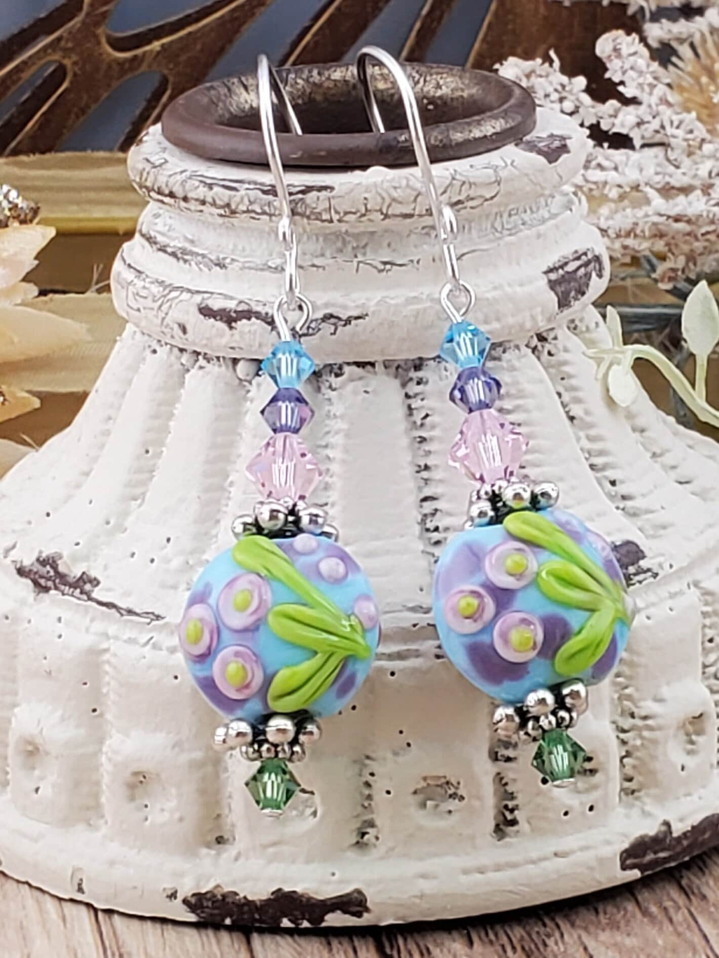 Tiptoe through the Tulips Artisan Glass Earrings, Lampwork Glass Bead handcrafted by a talented artisan, Silver Filled Earring Wire