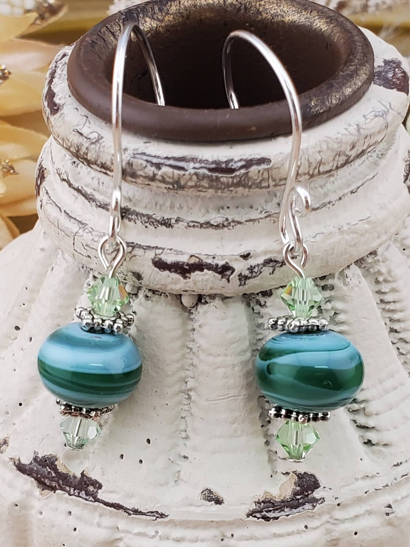 Green with envy Artisan Glass Earrings, Lampwork Glass Bead handcrafted by a talented artisan, Silver Filled Earring Wire