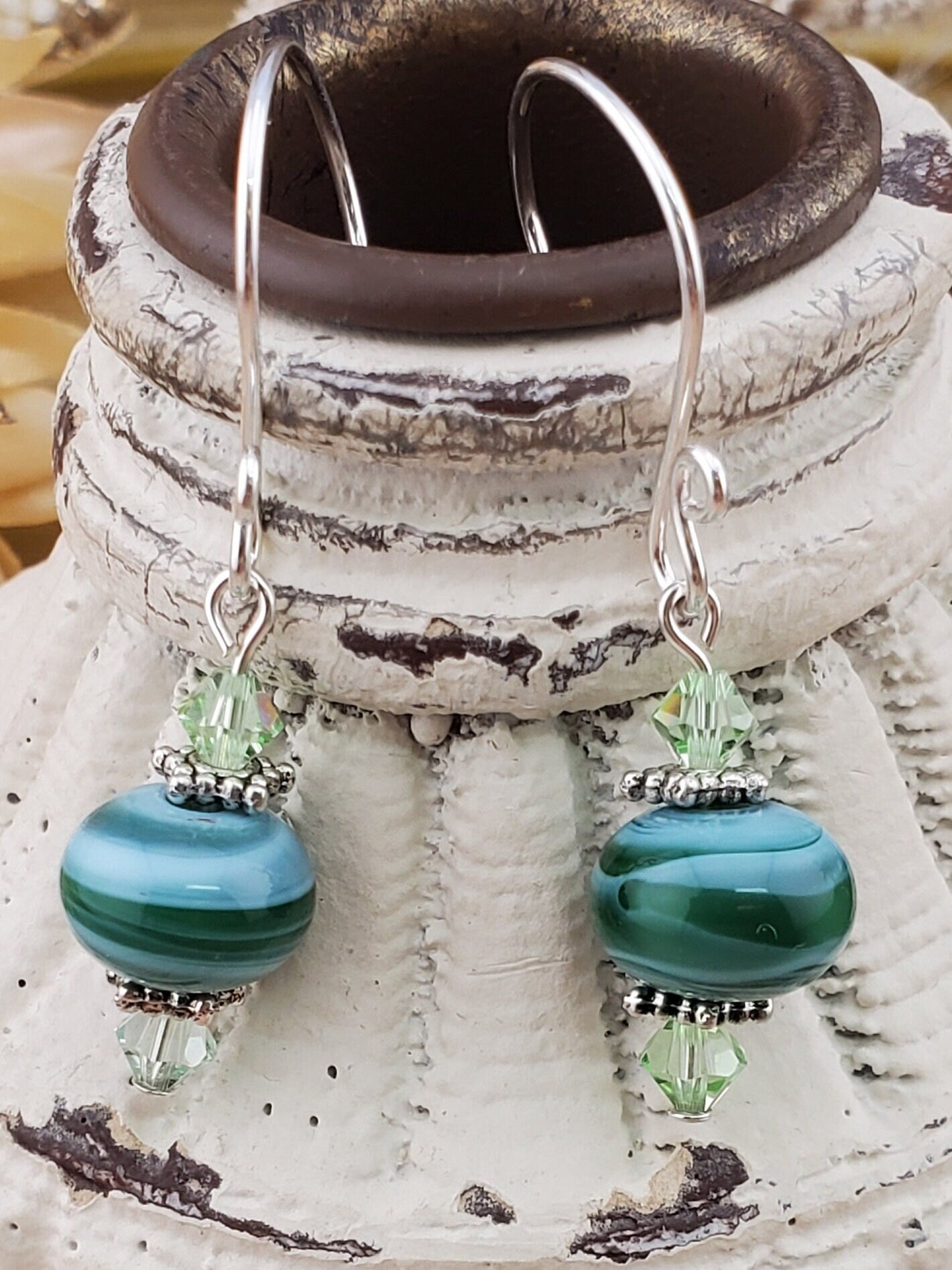 Green with envy Artisan Glass Earrings, Lampwork Glass Bead handcrafted by a talented artisan, Silver Filled Earring Wire