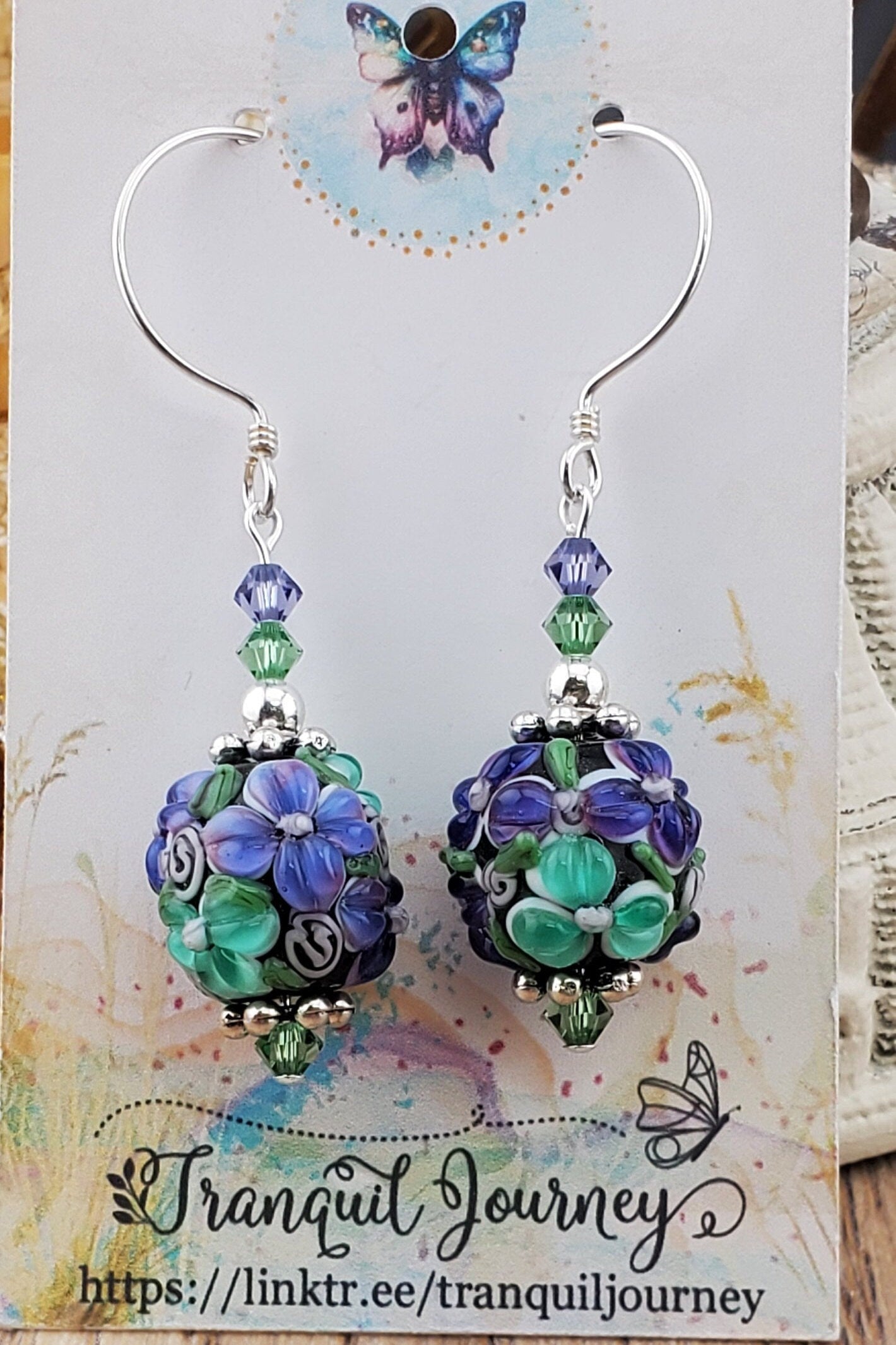 Tranquil Bliss Artisan Glass Earrings, Lampwork Glass Bead handcrafted by an artisan, Sterling Silver Earring Wire