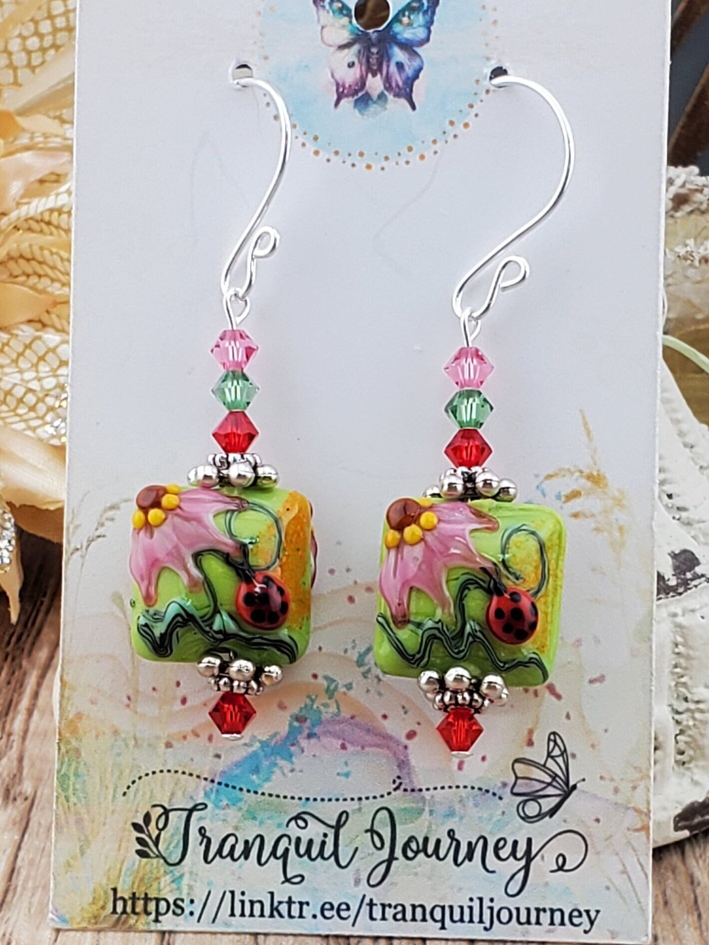 Love Bug Artisan Glass Earrings, Lampwork Glass Bead handcrafted by a talented artisan, Silver Filled Earring Wire