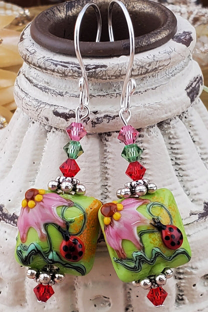 Love Bug Artisan Glass Earrings, Lampwork Glass Bead handcrafted by a talented artisan, Silver Filled Earring Wire