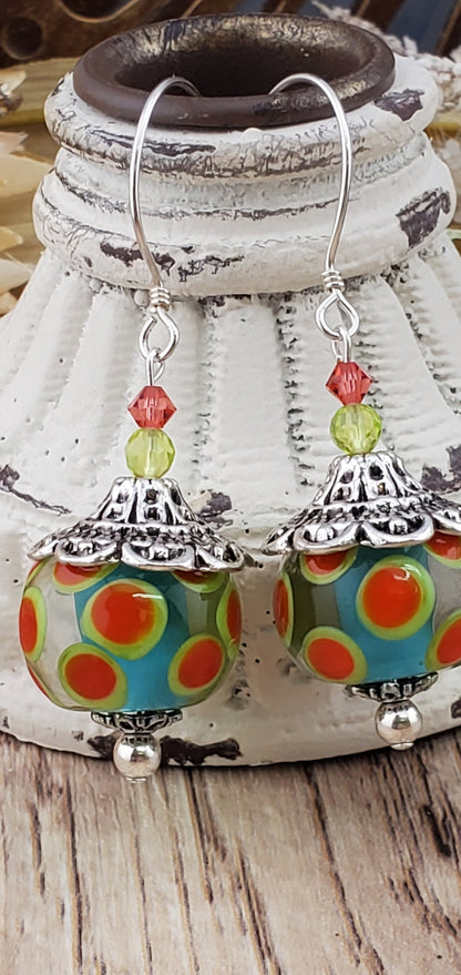 Joyous Carnivale Artisan Glass Earrings, Lampwork Glass Bead by a talented artisan, Sterling Silver Earring Wire