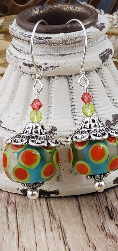 Joyous Carnivale Artisan Glass Earrings, Lampwork Glass Bead by a talented artisan, Sterling Silver Earring Wire