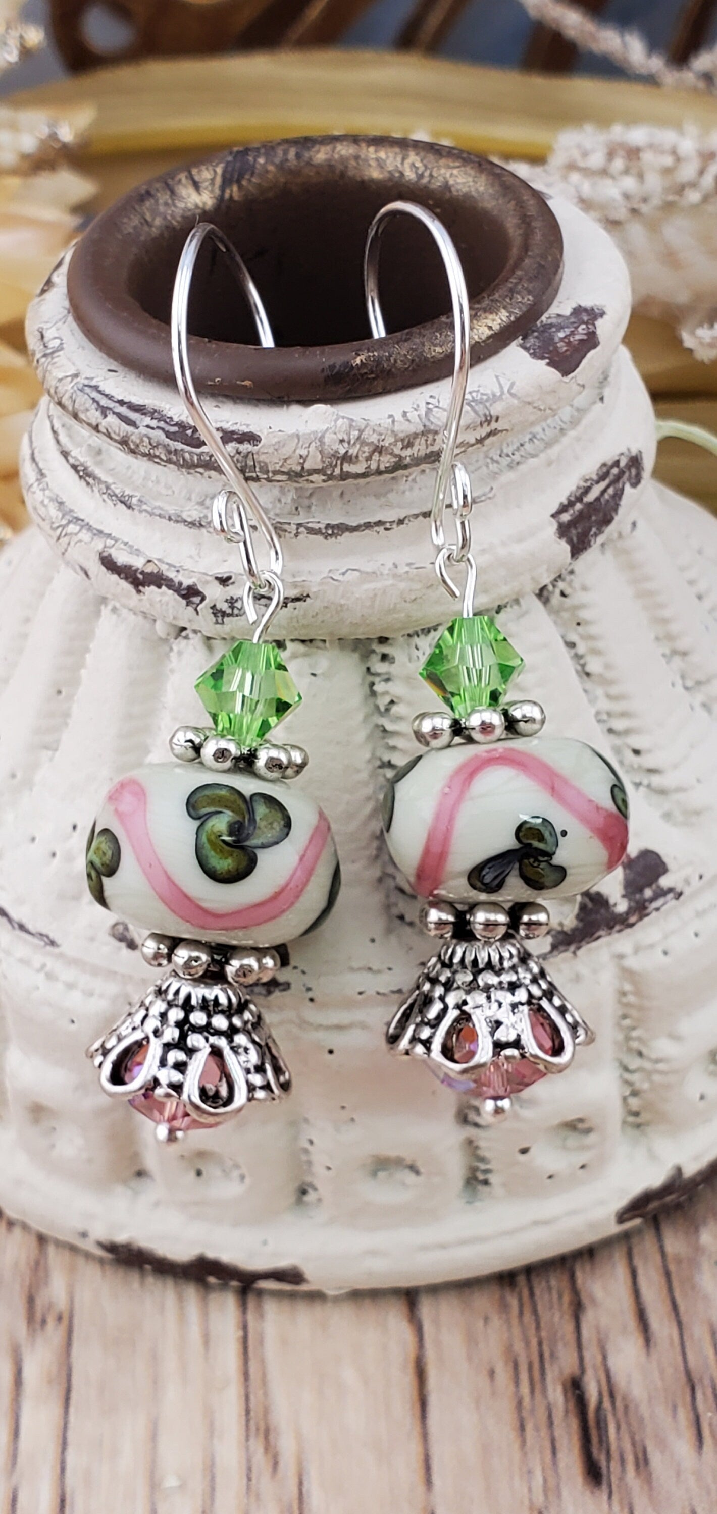 Splendid Sophistication Artisan Glass Earrings, Lampwork Glass Bead handcrafted by a talented artisan, Silver Filled Earring Wire